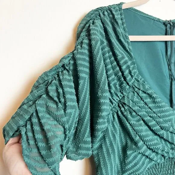 ASOS Ruched Waist Pleated Midi Dress Green Striped Sz 14 - Picture 3 of 14